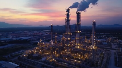 Fototapeta premium Industrial complex at twilight, illuminated at night