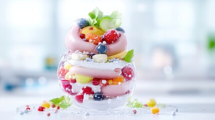 Obraz premium Colorful layered dessert with fresh fruits. A transparent glass bowl filled with various vibrant fruits, including berries, peaches, and cucumbers, stacked in a visually appealing arrangement.