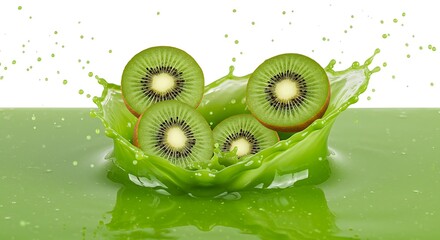 Kiwi Slices Splashing Into Green Juice Refreshing Fruit Drink Still