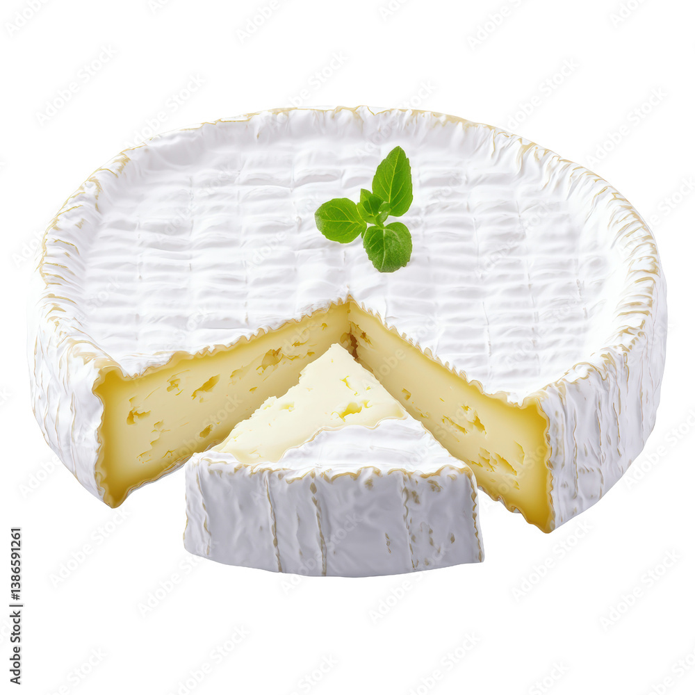 Poster delicious piece of cheese accented with a fresh leaf positioned elegantly on a simple white surface 