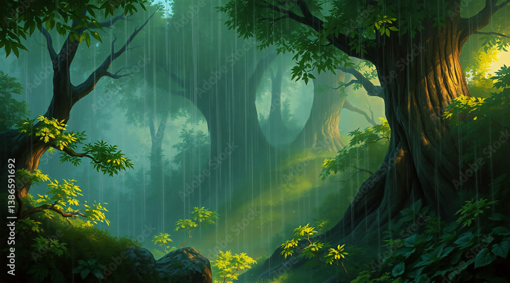 Poster lush green forest scene with rain falling through the dense canopy. sunlight filters creating a peac
