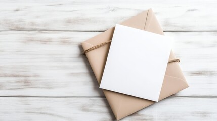 A blank white card rests on a light beige envelope. The envelope is tied with twine. Both items sit on a white wood surface. The image is high-quality with soft lighting. The style is minimalist an