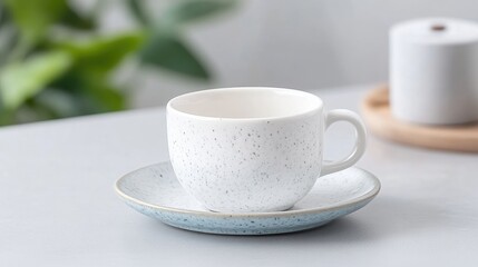 Empty teacup and saucer, speckled design