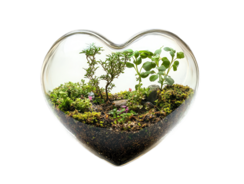 Terrarium heart containing miniature garden scene with tiny plants on white background