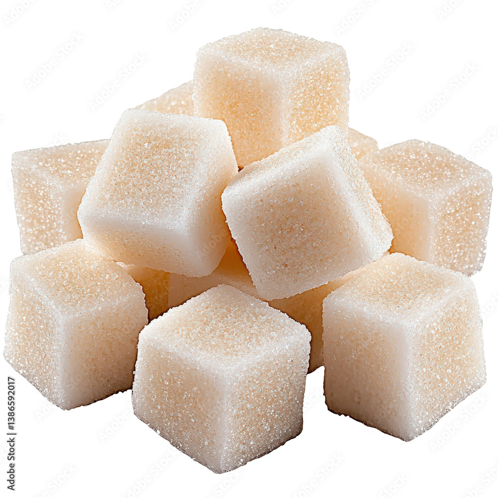 Poster a close-up of sugar cubes stacked neatly on a white surface highlighting the pure white color and gr