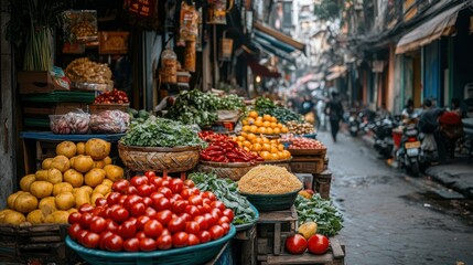 Obraz premium Vibrant street market overflowing with fresh produce. A bustling Asian market scene, brimming with colorful fruits, vegetables, and other goods, showcasing a lively atmosphere