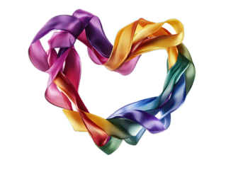 Heart made from colorful ribbons intertwined and flowing on white background