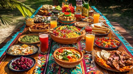Fototapeta premium Vibrant Outdoor Feast with Colorful Dishes and Refreshing Drinks
