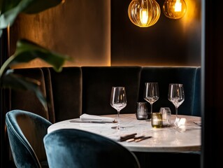 Dark Teal Velvet Restaurant Booth with Marble Table Setting