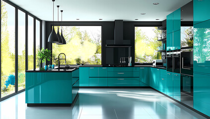 Modern Kitchen Design: The stylish teal-colored kitchen with sleek cabinets and modern appliances. natural light floods into the space through large windows, creating a bright and inviting atmosphere.
