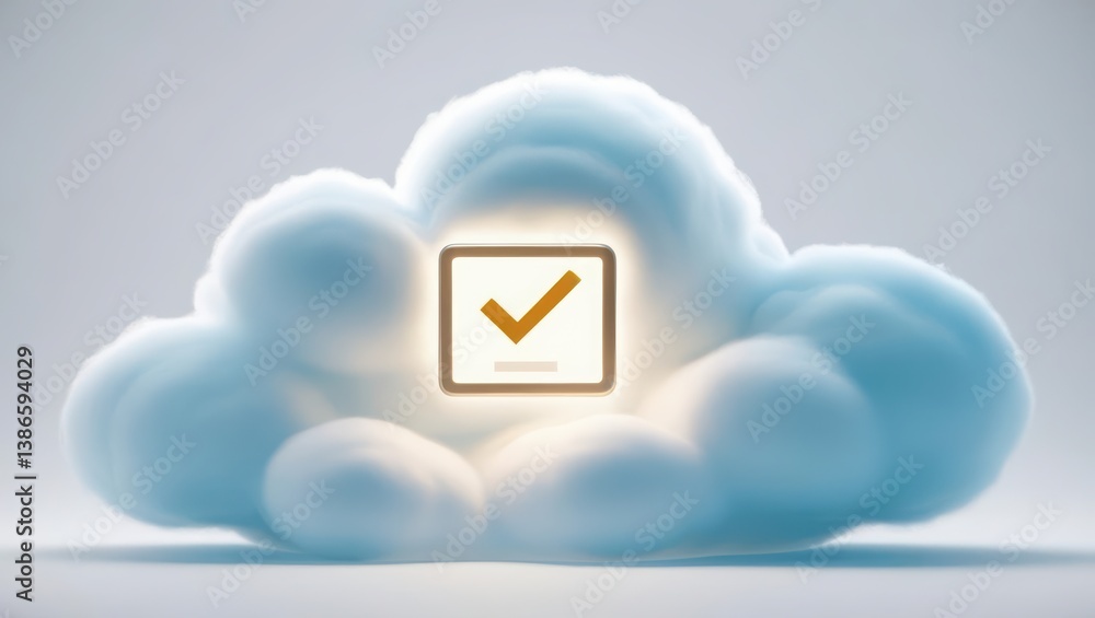 Poster cloud structure with glowing check mark inside symbolizing user permission and data ethics