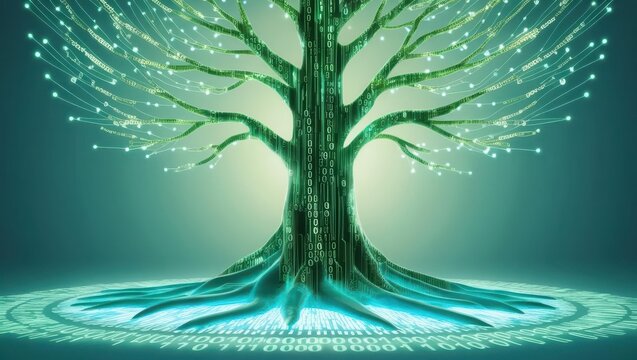 Glowing binary tree rooted in code representing ethical foundations and data integrity concept