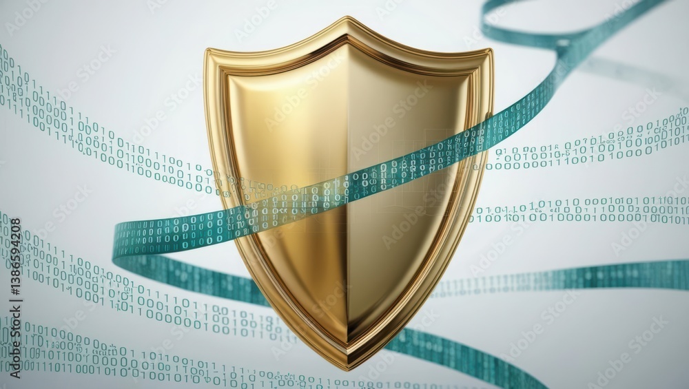 Poster polished golden shield overlaying flowing binary code representing protection and ethical data pract