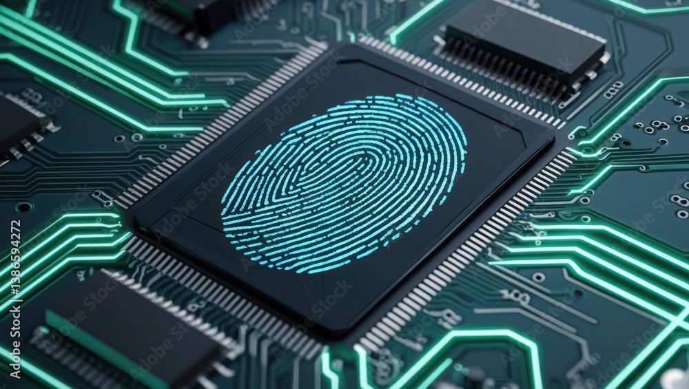 Poster stylized fingerprint integrated into digital circuit board with glowing lines showing secure access