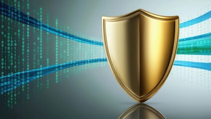 Polished golden shield overlaying flowing binary code representing protection and data practices