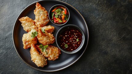 A plate of crispy spring rolls with dipping sauce. Featuring savory and crispy snacks