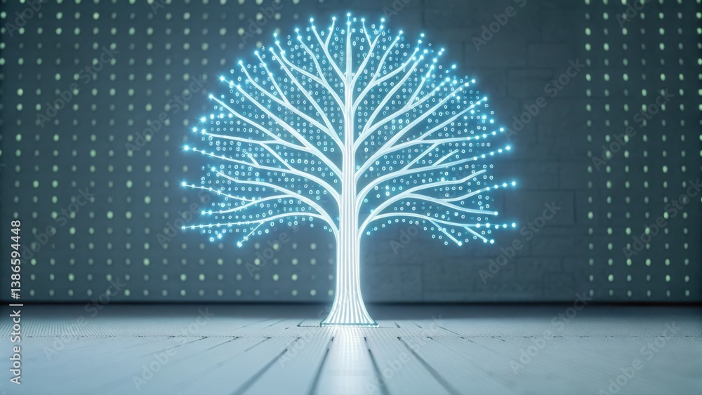 Poster illuminated tree formed by binary code symbolizing growth and connection in the digital landscape