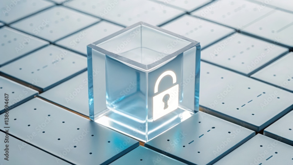 Poster a 3d cube with a padlock representing data protection and secure storage in cybersecurity context