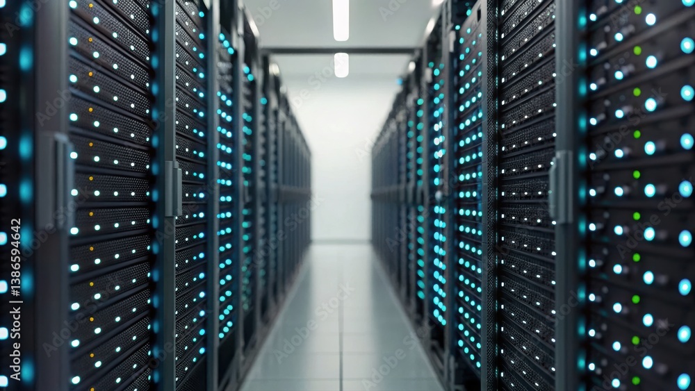 Poster a high-tech server room filled with racks of servers and glowing data packets illustrating connectiv