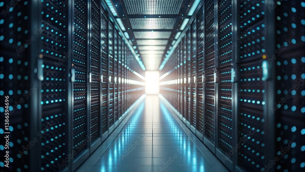 Poster a modern server room with glowing data packets showing the flow of information in a digital network