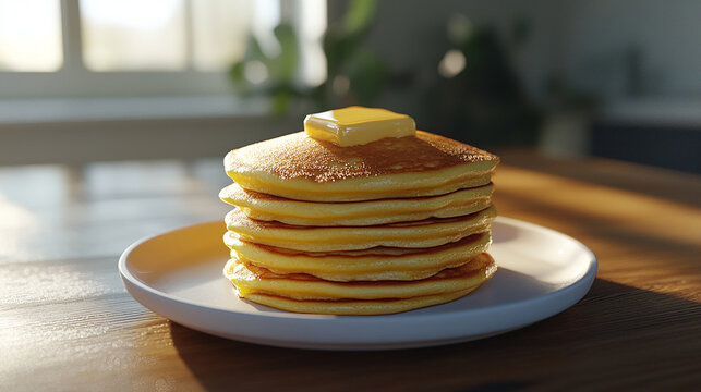 Stack of pancakes with a pat of butter melting cente