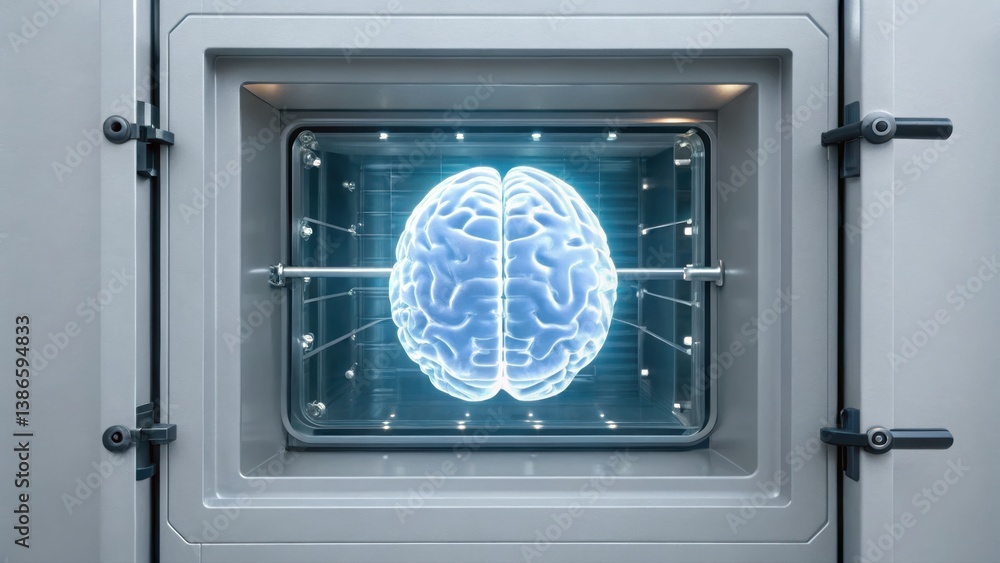 Poster futuristic concept of a brain encased within a machine displaying digital security and intelligence