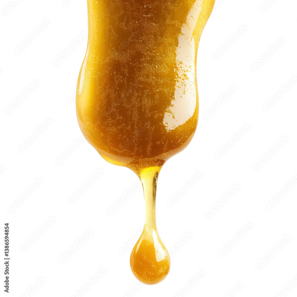 Poster golden liquid drop of honey glimmering in soft light with a smooth and sticky texture on a clean sur