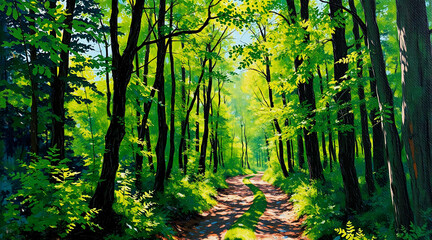 Fototapeta premium Sunlight streams through lush green trees lining a path in a vibrant forest scene. The foliage is dense and creates a tunnel effect leading deeper into the woods.
