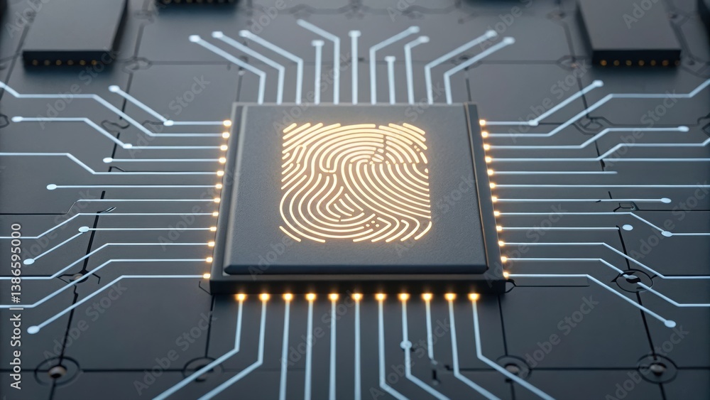 Poster a stylized fingerprint integrated into a digital circuit board representing advanced security techno