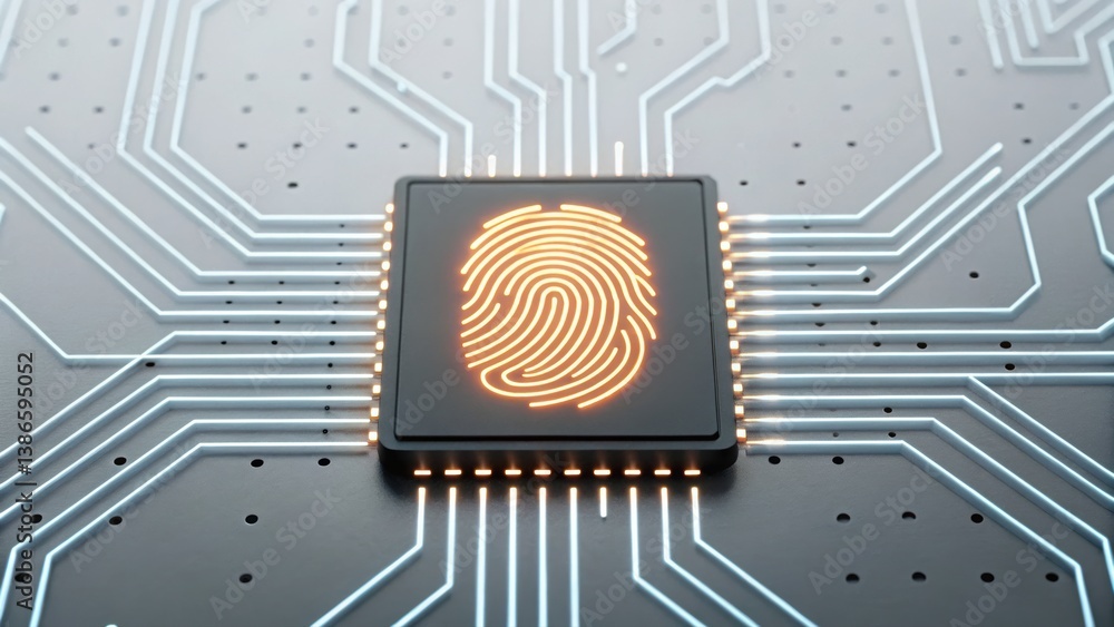 Poster stylized fingerprint integrated into a digital circuit board representing unique identity and securi