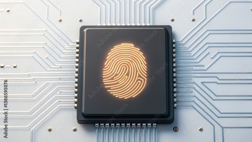 Poster stylized fingerprint integrated into a digital circuit board representing unique identity and securi