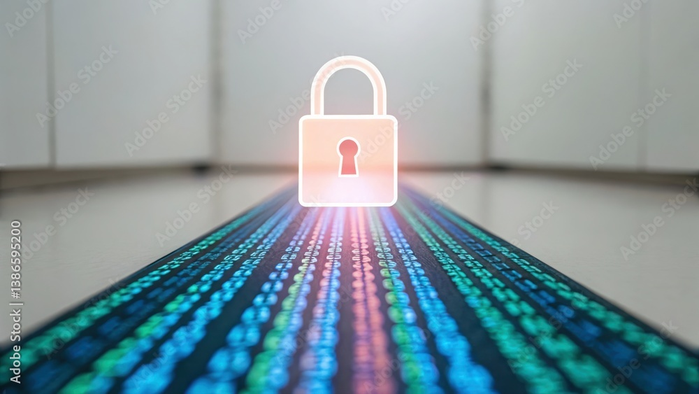 Poster padlock positioned on a computer with flowing data beneath representing cybersecurity and protection