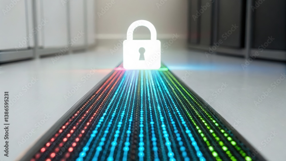 Poster padlock positioned on a server with flowing data beneath representing cybersecurity and protection