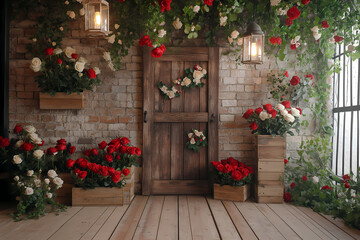 Fototapeta premium Serene Garden Entrance: A charming wooden door stands at the heart of a lush, flower-draped entrance, with a cozy porch area filled with vibrant rose blooms and soft lantern lighting