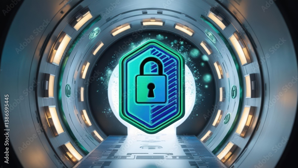 Poster visual representation of a data packet traveling through a secure tunnel surrounded by lock symbols