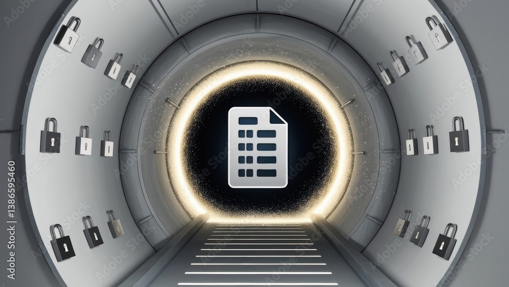 Poster open door in a tunnel representing a secure pathway for data packets with lock symbols surrounding
