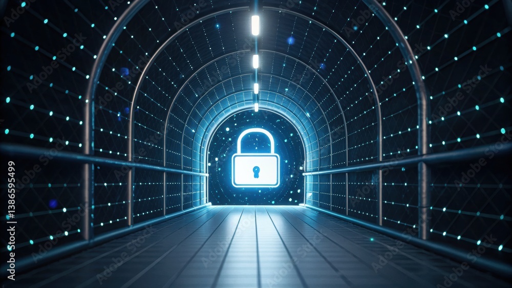 Poster secure tunnel depicting a lock and data packet traveling through highlighting data protection concep
