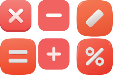 Fototapeta premium A glossy set of mathematical operator buttons featuring symbols for multiplication, division, subtraction, addition, equality, and percentage, designed for interactive digital tools. 