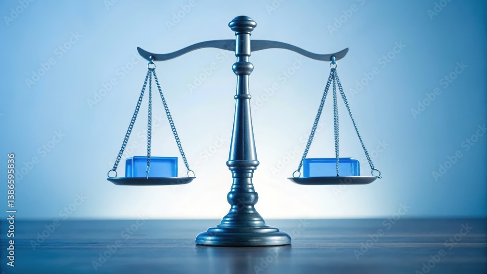 Poster elegant scales balancing luminous file icons with a blue background representing data fairness