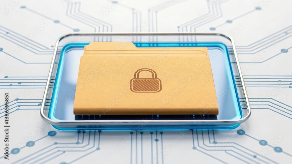 Poster encrypted data folder with privacy audit stamp and padlock positioned on a circuit board