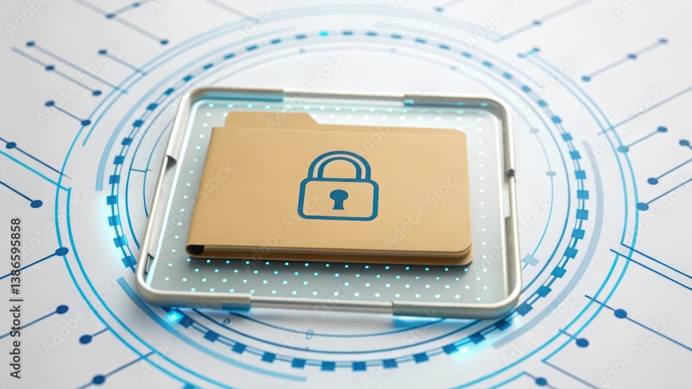 Poster encrypted data folder with privacy audit stamp and padlock positioned on a circuit board