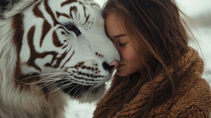 A serene and emotional scene of a girl gently touching noses with a majestic white tiger, symbolizing mutual trust and connection.
