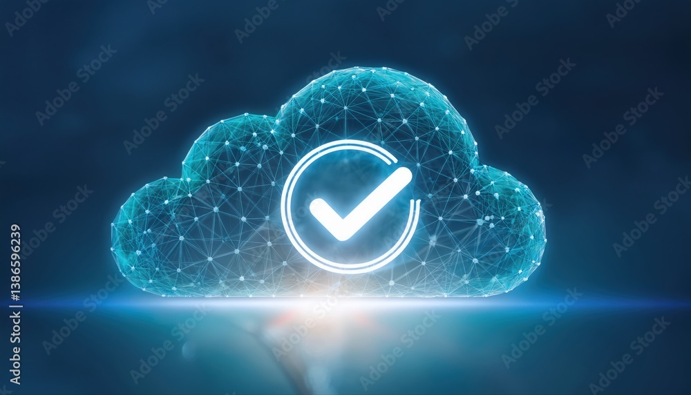 Poster glowing cloud structure with a check mark inside symbolizing approved consent and data security fram