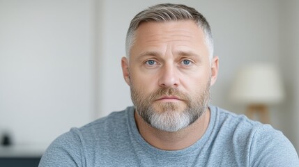 Fototapeta premium A middle-aged man with short beard looking thoughtfully at the camera, sitting in a modern living room with soft natural light, and serious expression.