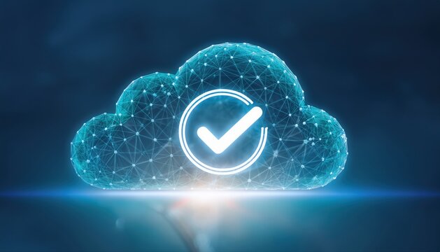 Glowing cloud structure with a check mark inside symbolizing approved consent and data security framework