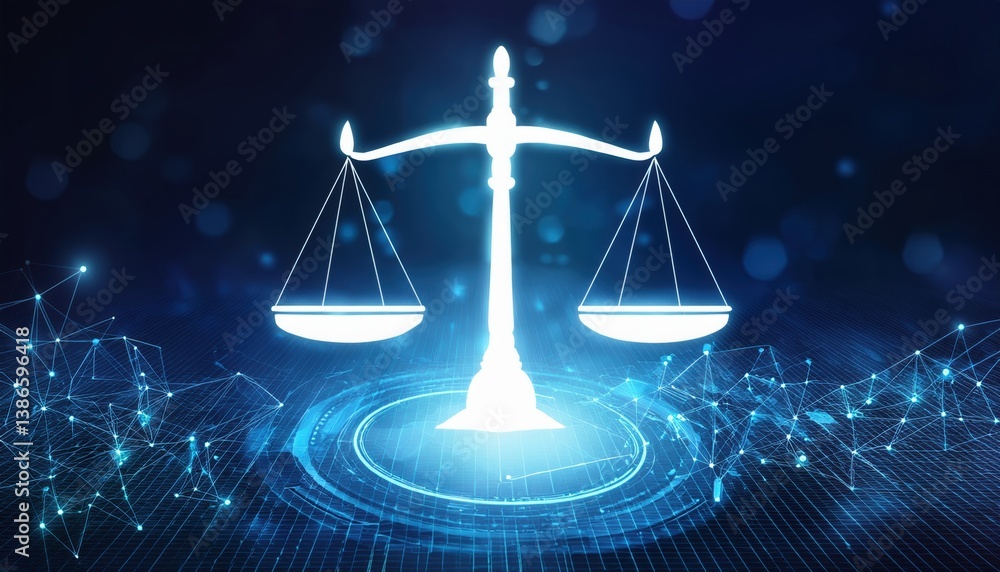 Poster glowing document with symbolic scales and light aura over connected data grid in digital landscape