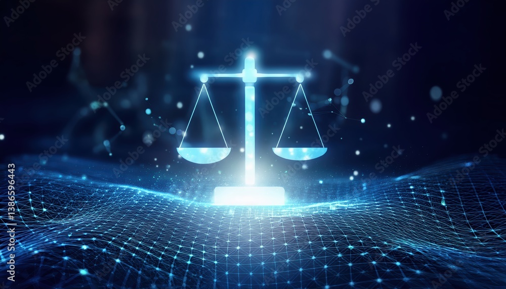 Poster glowing document with symbolic scales and light aura over connected data grid in digital design
