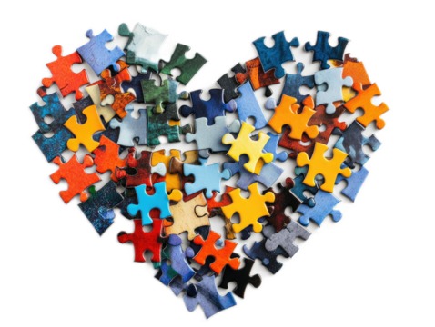 Heart formed by scattered jigsaw puzzle pieces in colorful arrangement on white background