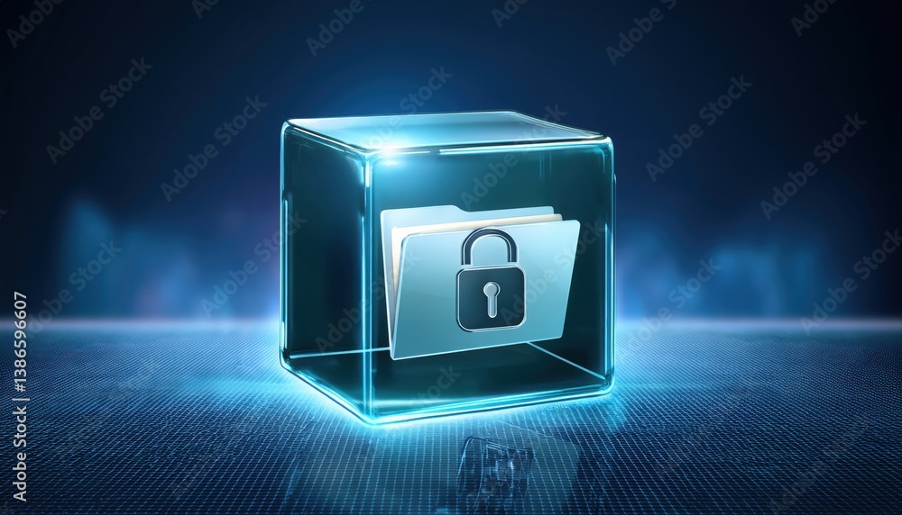 Poster glowing secure file icon encased in floating glass cube over pristine tech background in digital spa