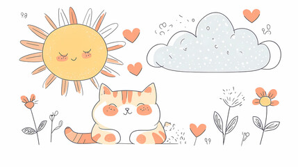 Sun-Kissed Kitten: An endearing illustrated kitten basking in the sunshine, surrounded by hearts, clouds, and flowers, perfect for children's designs.